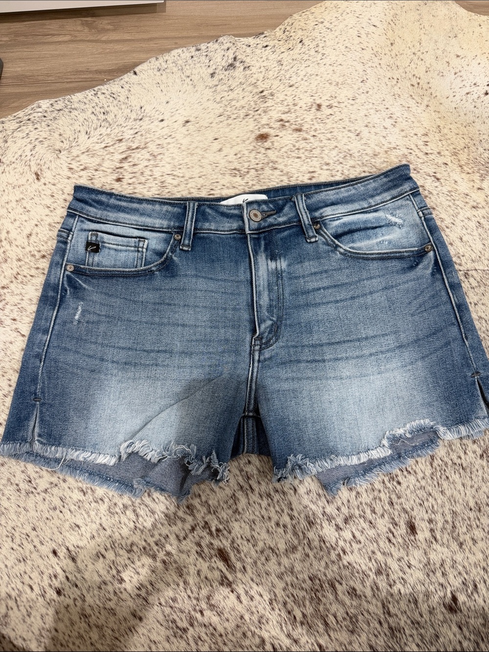 KanCan Distressed Blue Denim Cutoff Shorts with Frayed Hem